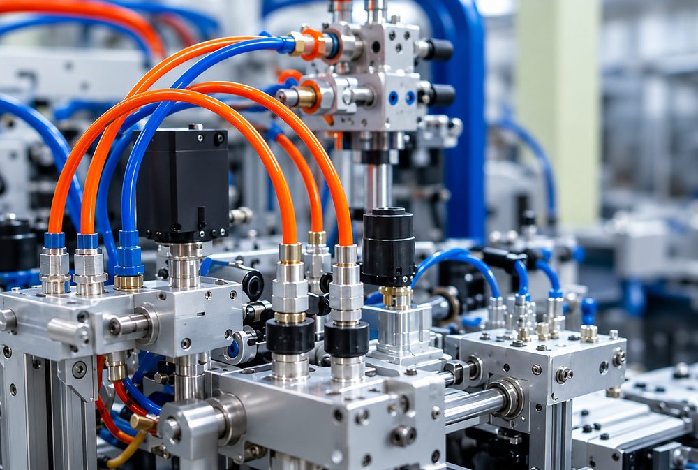 Assembly machine plumbed with orange and blue PU tube