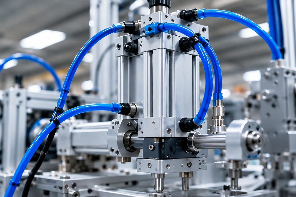 Blue PU air hose on pneumatic cylinders in factory automation