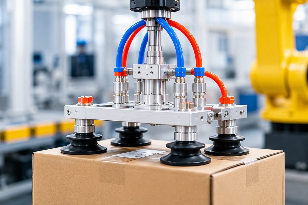 Robotic vacuum gripper with PU tube handling a carton