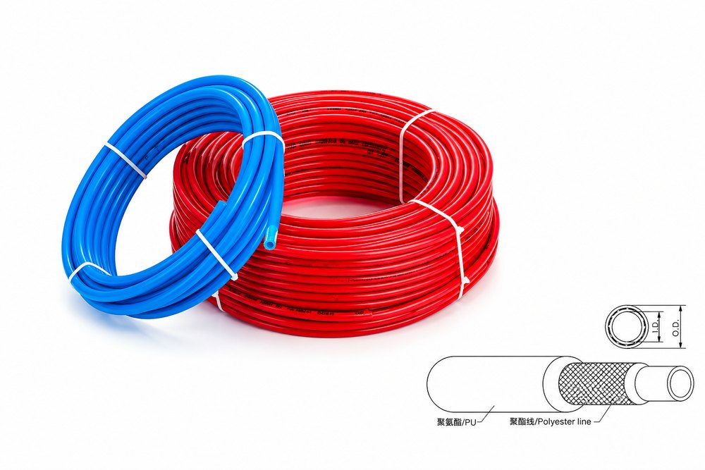 Red and blue braided PU hose coils with a cutaway showing the polyester braid between the PU walls