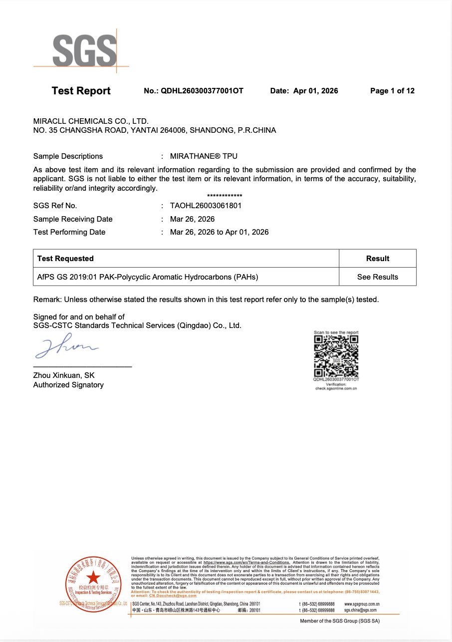 SGS PAHs AfPS GS 2019:01 test report on MIRATHANE TPU raw material