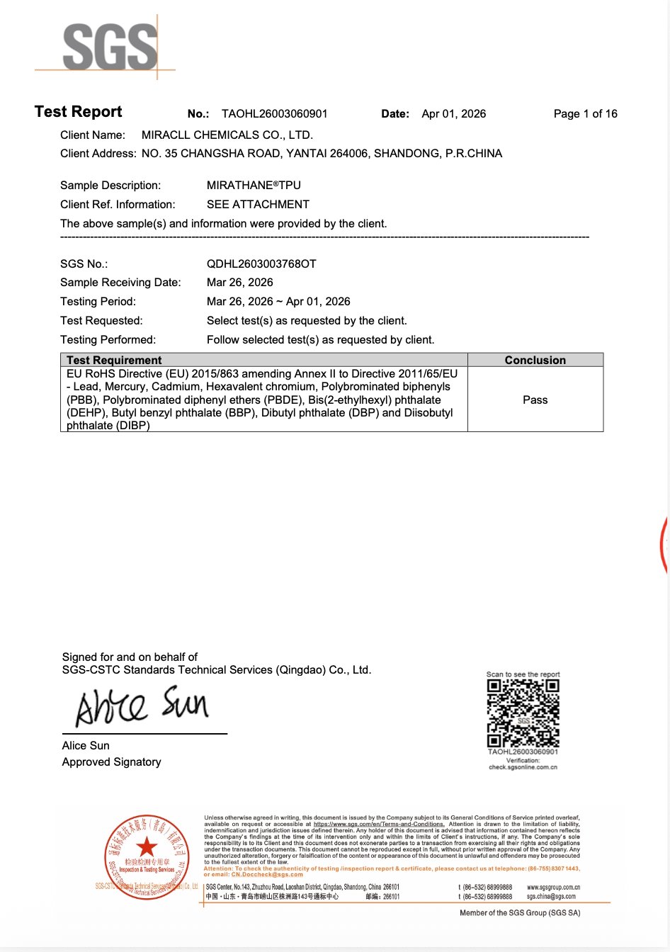SGS EU RoHS 2015/863 test report on MIRATHANE TPU raw material